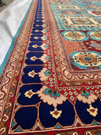 Vibrant Handmade Mamluk Rug – 9.10 x 13.5 ft | Large Wool Area Rug | Blue, Red, Ivory, Teal Oriental Carpet for Living Room or Dining Area