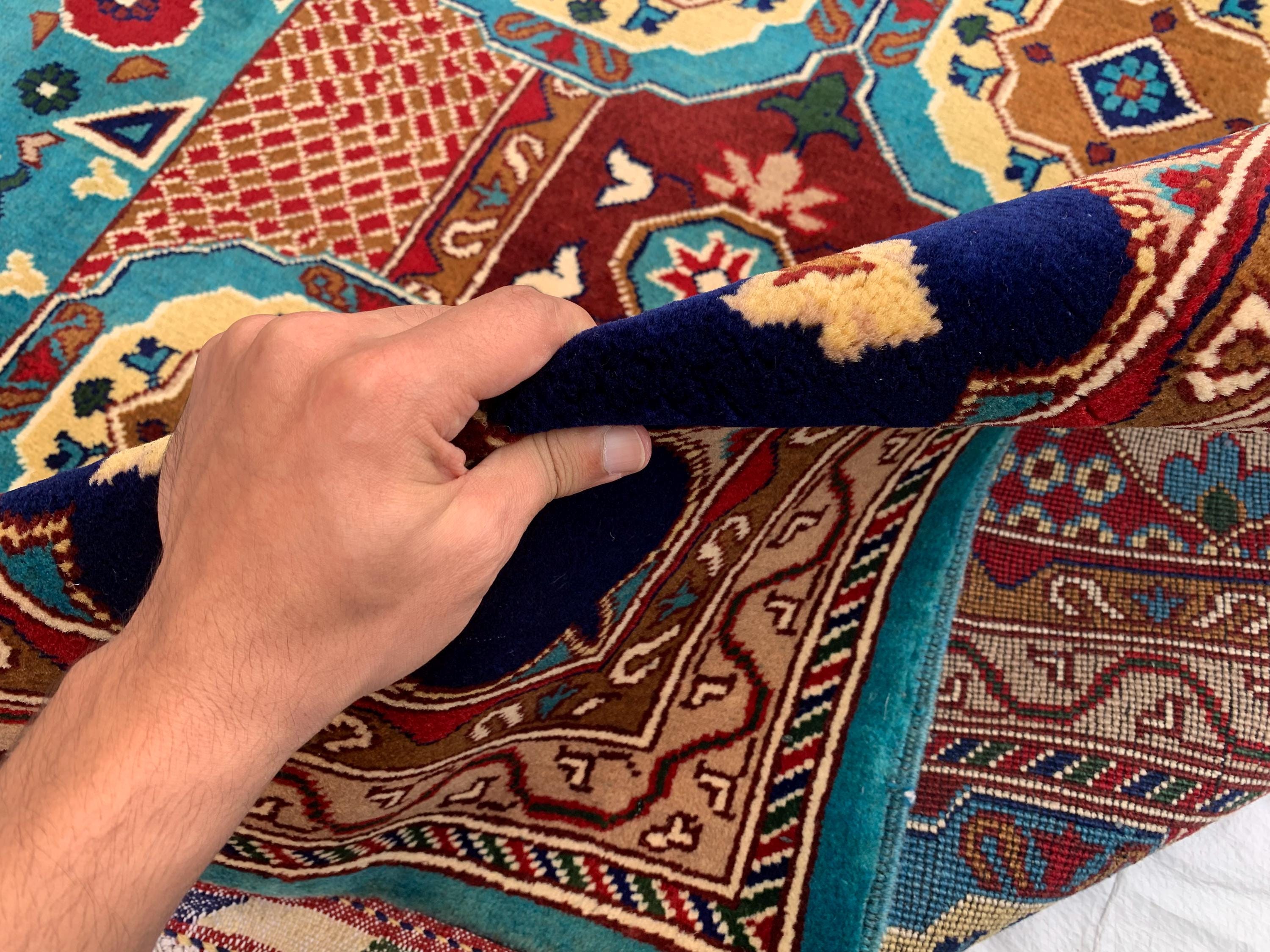 Vibrant Handmade Mamluk Rug – 9.10 x 13.5 ft | Large Wool Area Rug | Blue, Red, Ivory, Teal Oriental Carpet for Living Room or Dining Area