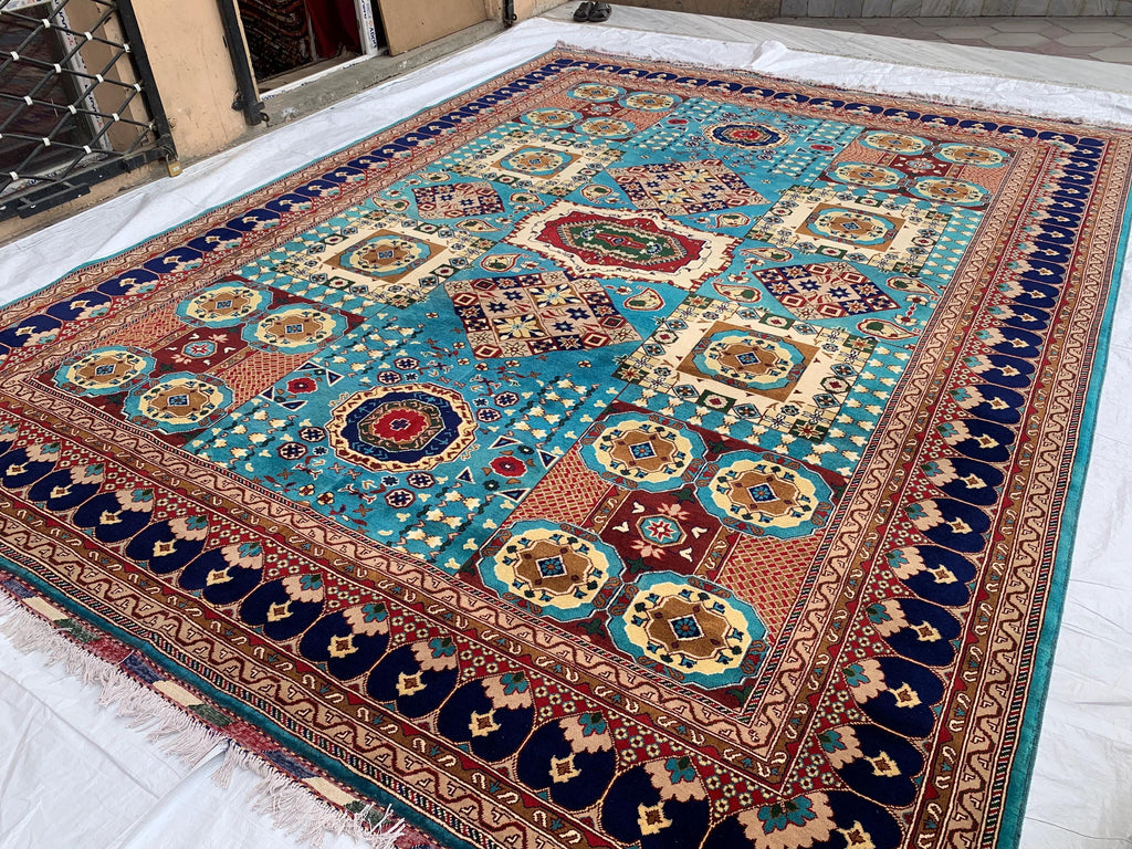 Vibrant Handmade Mamluk Rug – 9.10 x 13.5 ft | Large Wool Area Rug | Blue, Red, Ivory, Teal Oriental Carpet for Living Room or Dining Area