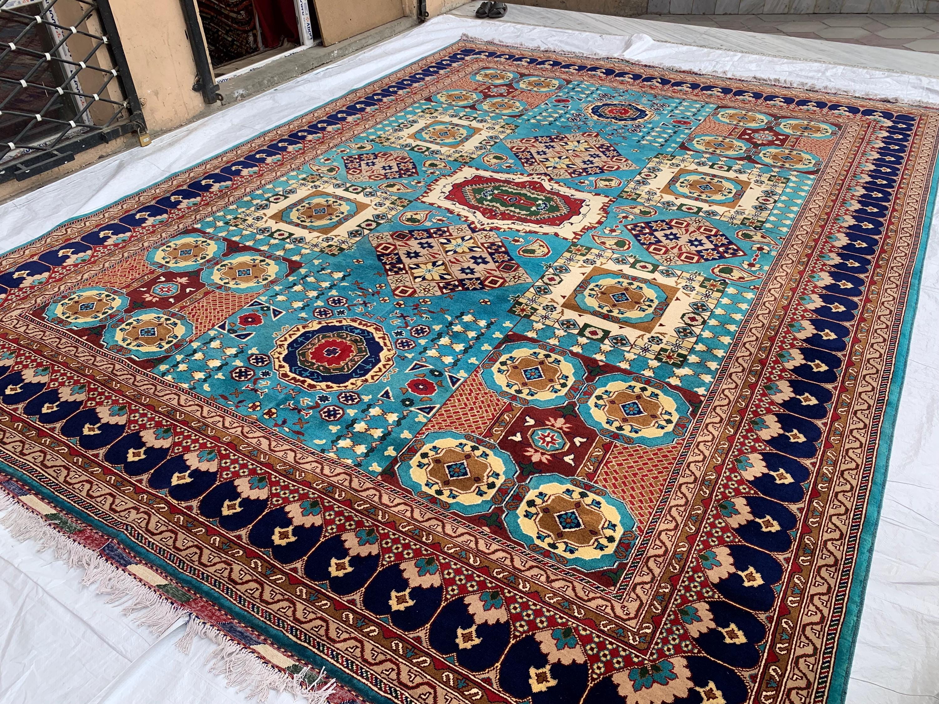 Vibrant Handmade Mamluk Rug – 9.10 x 13.5 ft | Large Wool Area Rug | Blue, Red, Ivory, Teal Oriental Carpet for Living Room or Dining Area