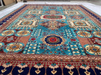 Vibrant Handmade Mamluk Rug – 9.10 x 13.5 ft | Large Wool Area Rug | Blue, Red, Ivory, Teal Oriental Carpet for Living Room or Dining Area