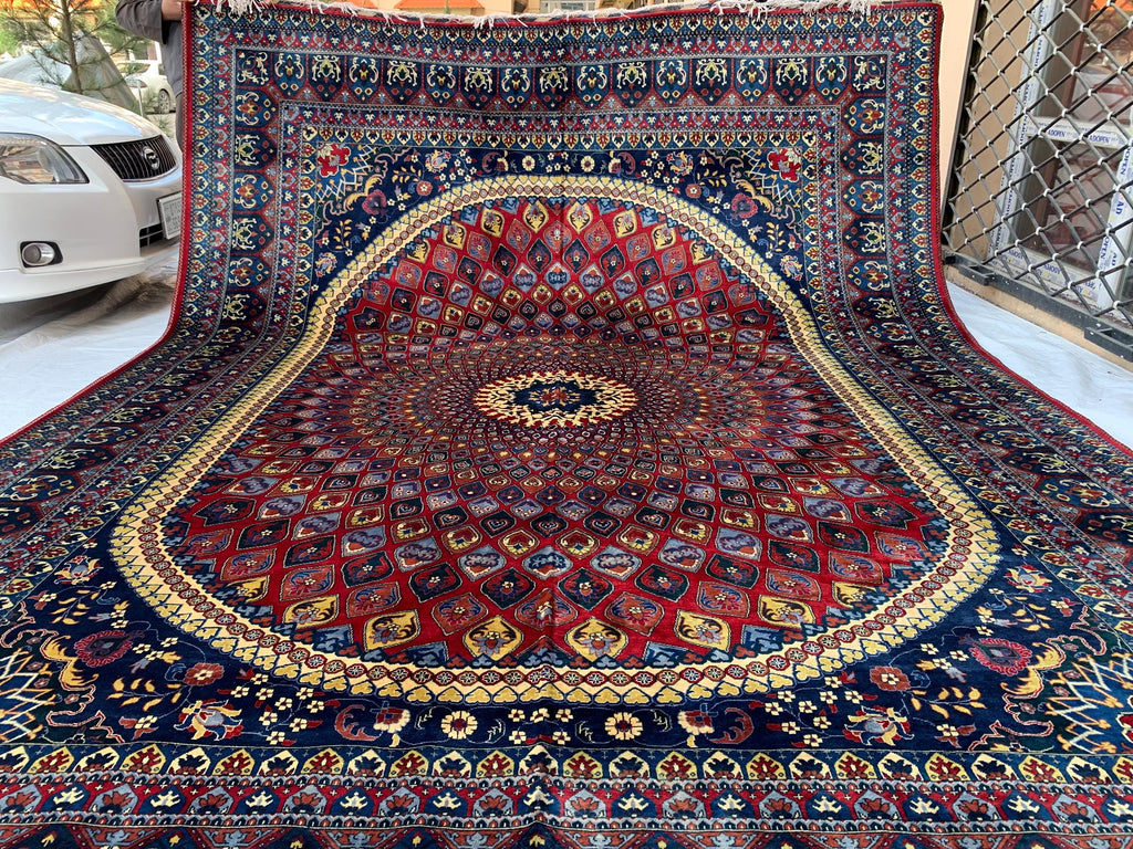 10x13 Handmade Parak Beljik Rug | Large Afghan Wool Area Rug | Traditional Oriental Carpet in Deep Red, Blue & Beige Tones 9.10 x 13.4 ft