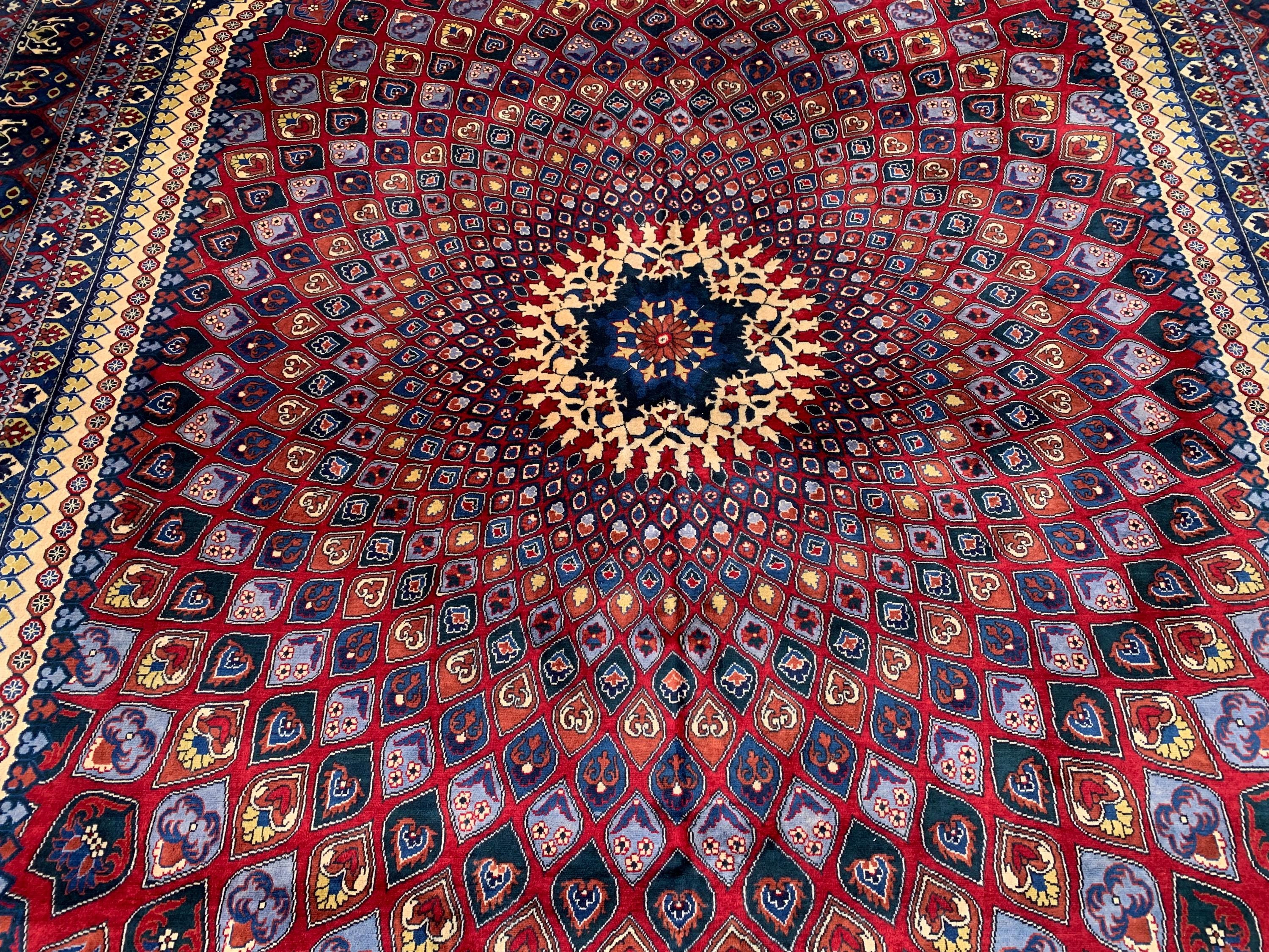10x13 Handmade Parak Beljik Rug | Large Afghan Wool Area Rug | Traditional Oriental Carpet in Deep Red, Blue & Beige Tones 9.10 x 13.4 ft
