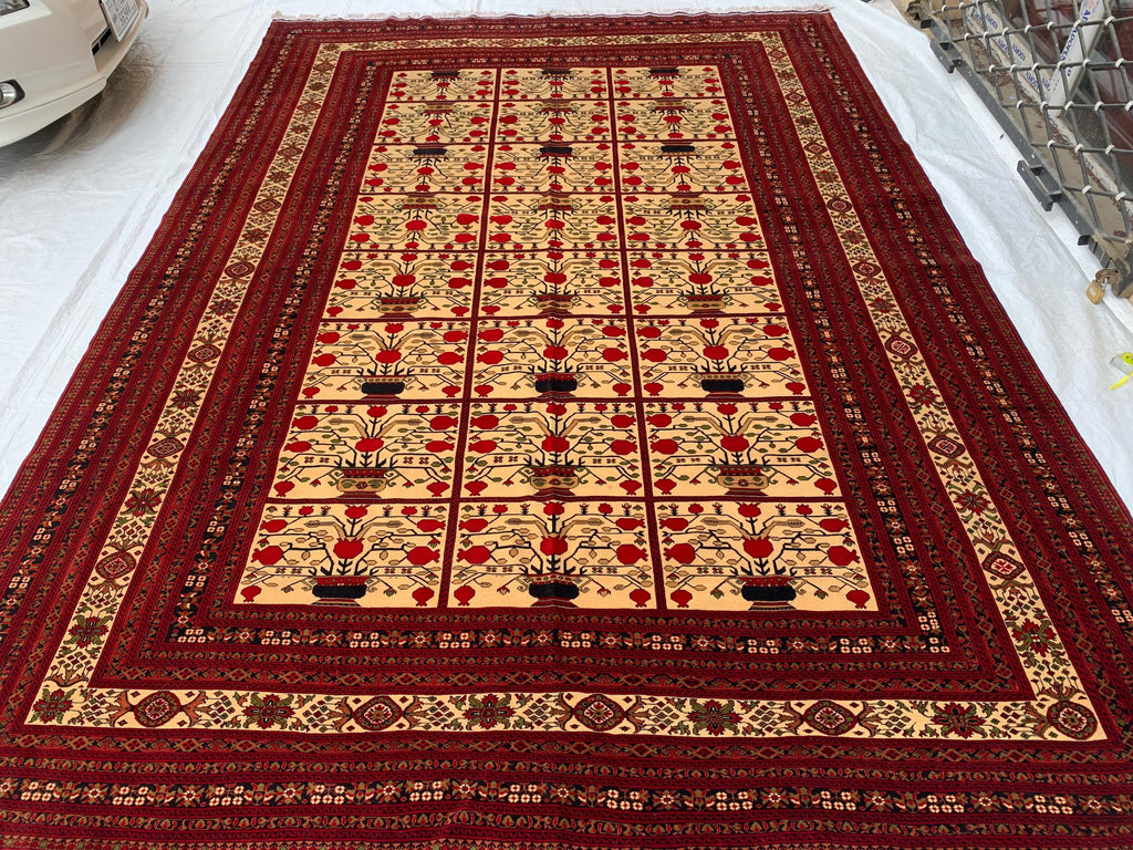 Premium Quality Handmade Beljik Rug 9.5x13.2 Large Afghan Wool Carpet | Red, Ivory & Black Traditional |Living Room, Dining Area Decor