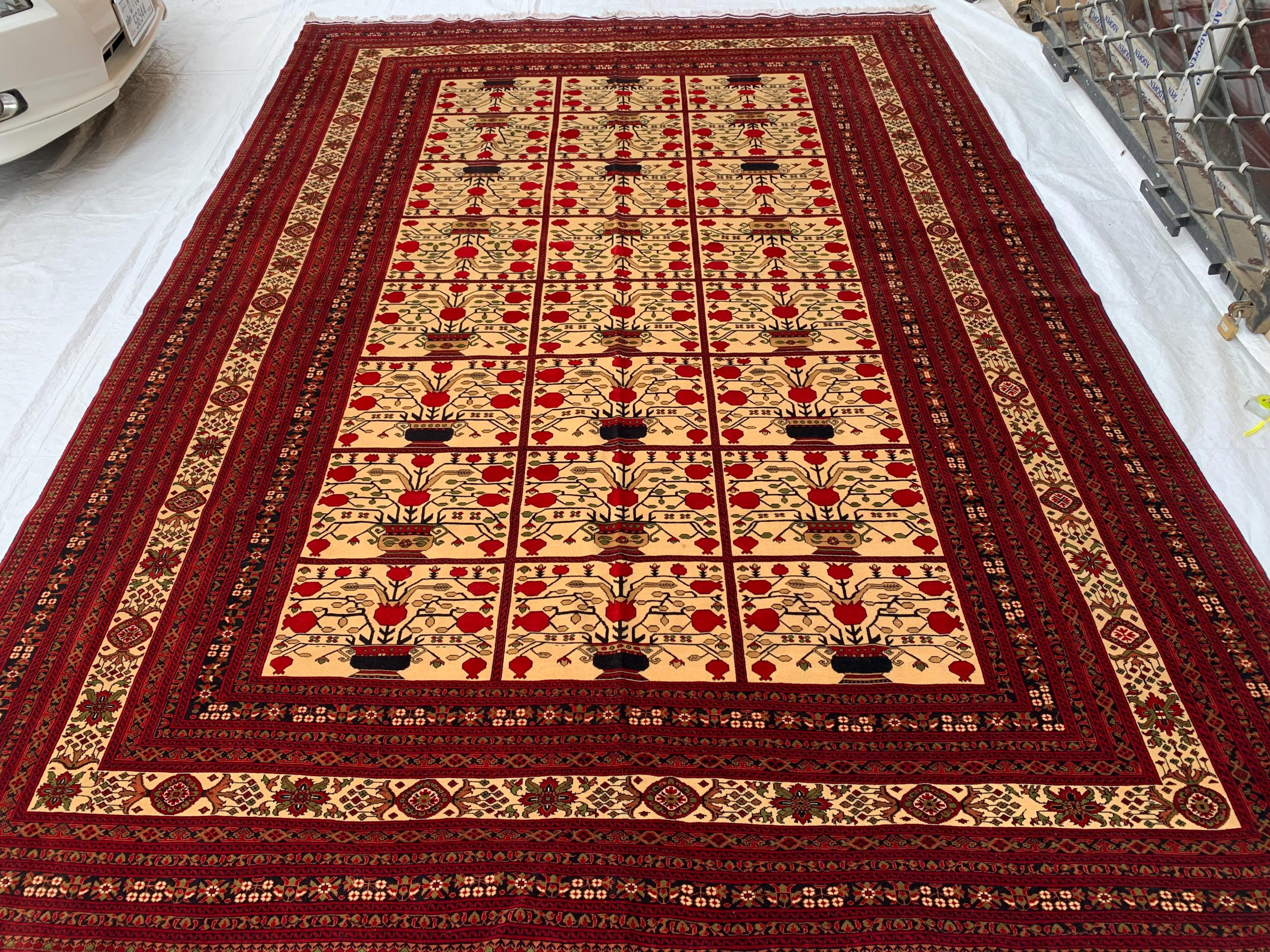 Premium Quality Handmade Beljik Rug 9.5x13.2 Large Afghan Wool Carpet | Red, Ivory & Black Traditional |Living Room, Dining Area Decor