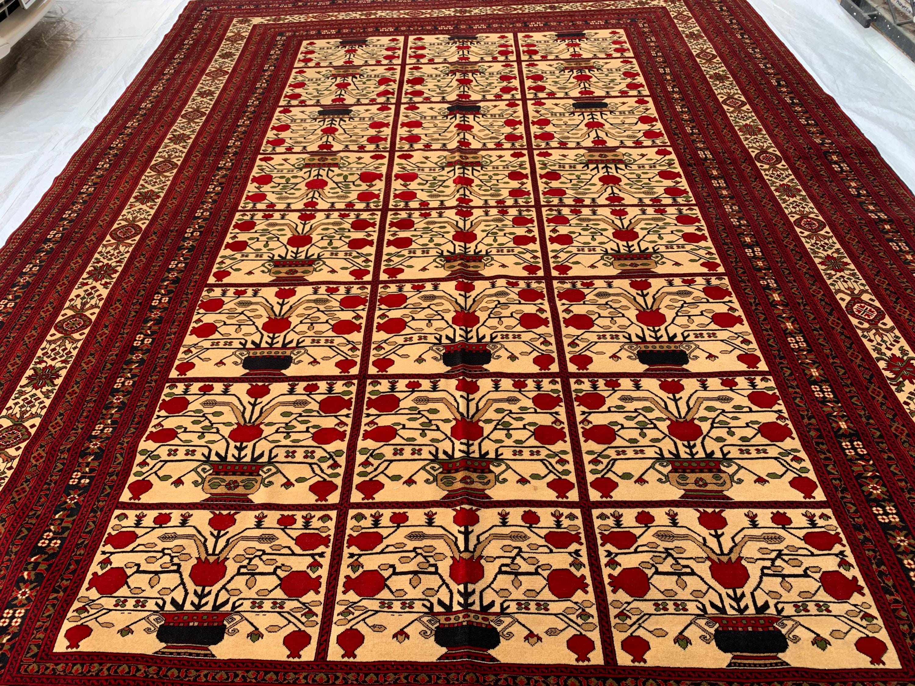 Premium Quality Handmade Beljik Rug 9.5x13.2 Large Afghan Wool Carpet | Red, Ivory & Black Traditional |Living Room, Dining Area Decor