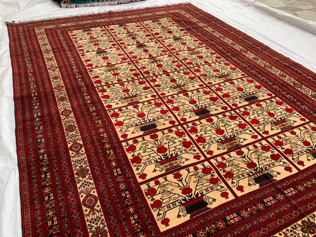 Premium Quality Handmade Beljik Rug 9.5x13.2 Large Afghan Wool Carpet | Red, Ivory & Black Traditional |Living Room, Dining Area Decor