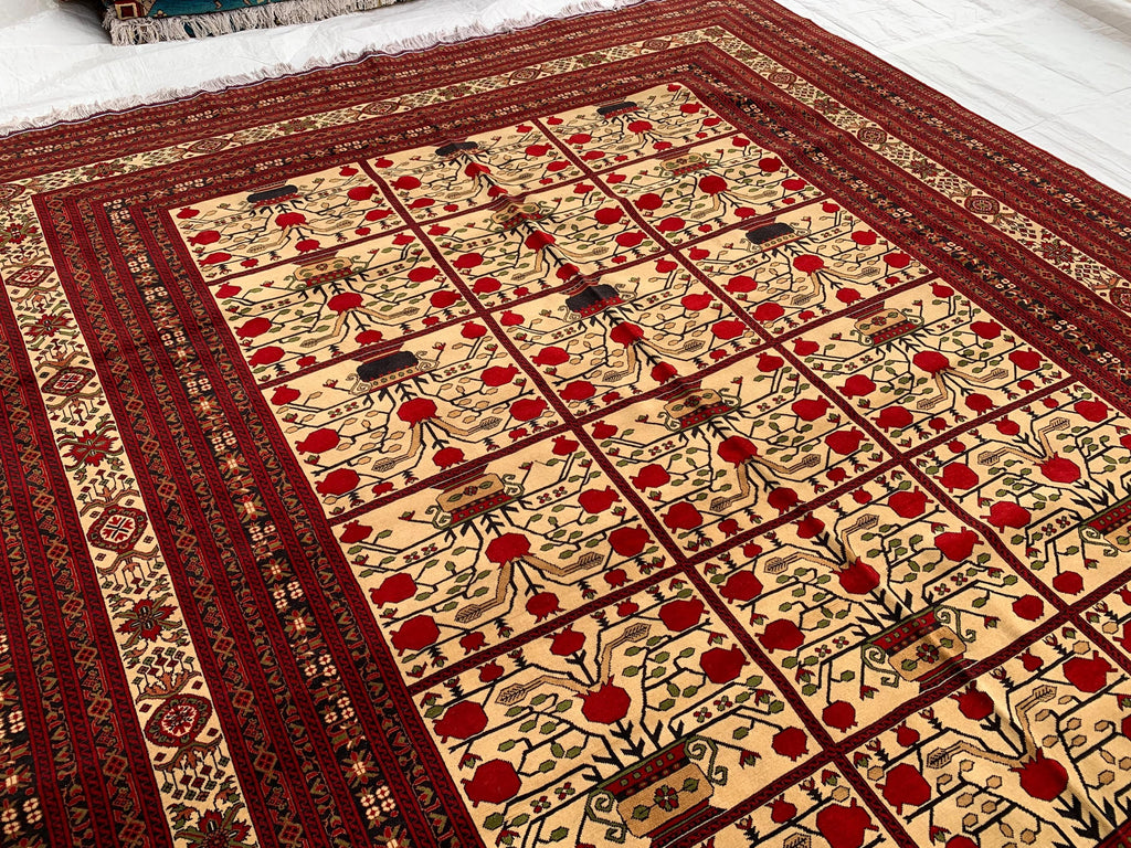 Premium Quality Handmade Beljik Rug 9.5x13.2 Large Afghan Wool Carpet | Red, Ivory & Black Traditional |Living Room, Dining Area Decor
