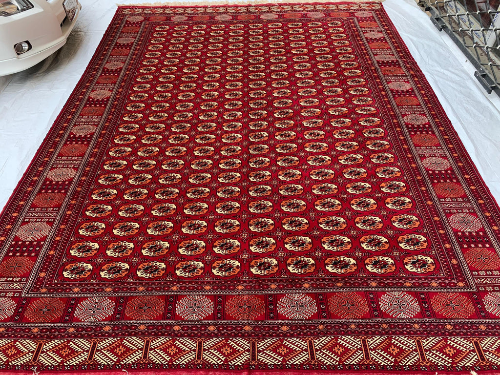Antique Ahal Gul Handmade Beljik Rug –13.2x9.11 ft Wool and Silk | Luxurious Oriental Carpet | Red & Blue Persian Design | Living Room Decor
