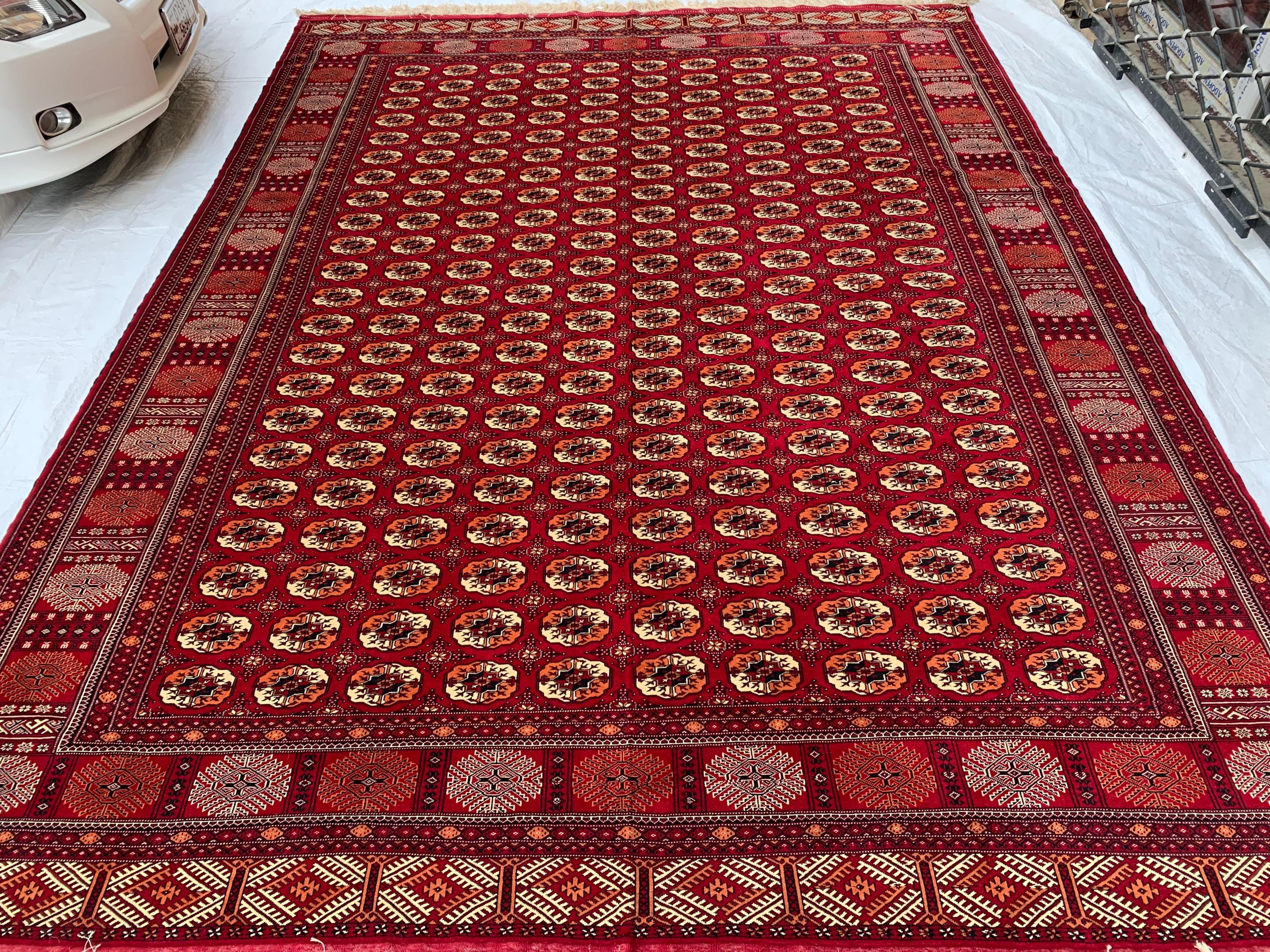 Antique Ahal Gul Handmade Beljik Rug –13.2x9.11 ft Wool and Silk | Luxurious Oriental Carpet | Red & Blue Persian Design | Living Room Decor