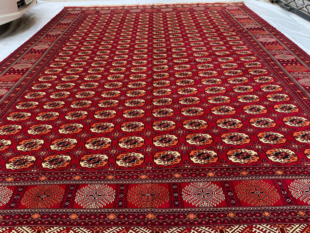 Antique Ahal Gul Handmade Beljik Rug –13.2x9.11 ft Wool and Silk | Luxurious Oriental Carpet | Red & Blue Persian Design | Living Room Decor