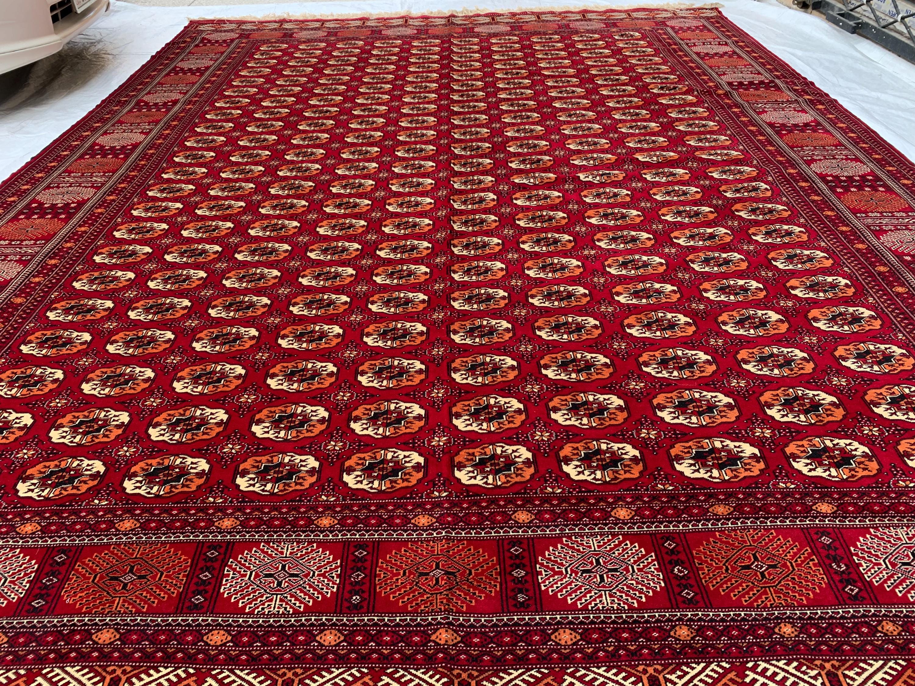 Antique Ahal Gul Handmade Beljik Rug –13.2x9.11 ft Wool and Silk | Luxurious Oriental Carpet | Red & Blue Persian Design | Living Room Decor