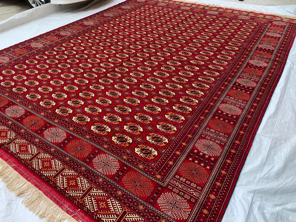 Antique Ahal Gul Handmade Beljik Rug –13.2x9.11 ft Wool and Silk | Luxurious Oriental Carpet | Red & Blue Persian Design | Living Room Decor