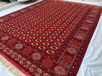 Antique Ahal Gul Handmade Beljik Rug –13.2x9.11 ft Wool and Silk | Luxurious Oriental Carpet | Red & Blue Persian Design | Living Room Decor