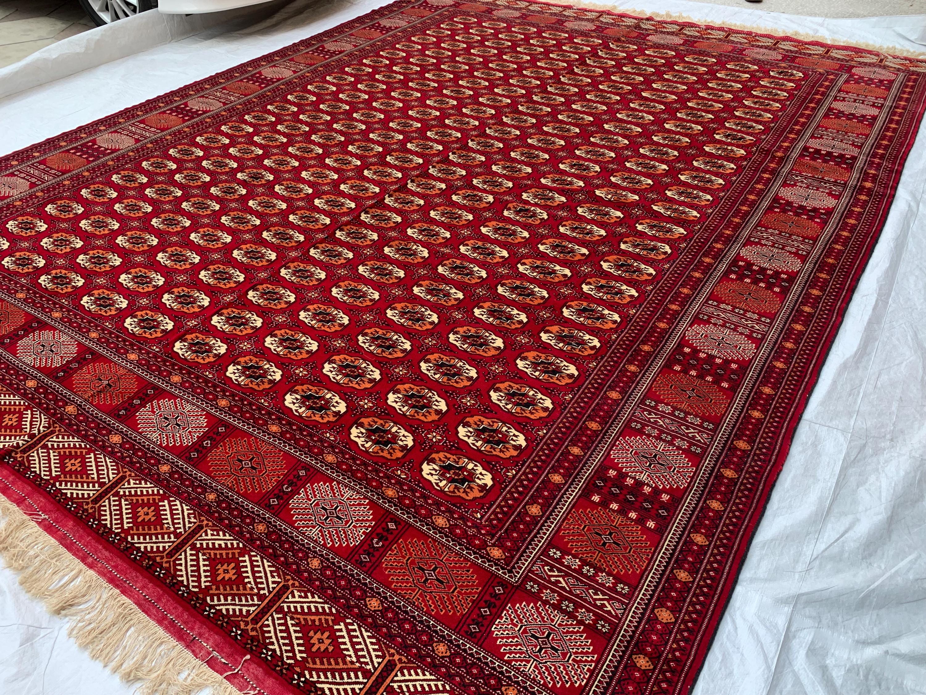 Antique Ahal Gul Handmade Beljik Rug –13.2x9.11 ft Wool and Silk | Luxurious Oriental Carpet | Red & Blue Persian Design | Living Room Decor