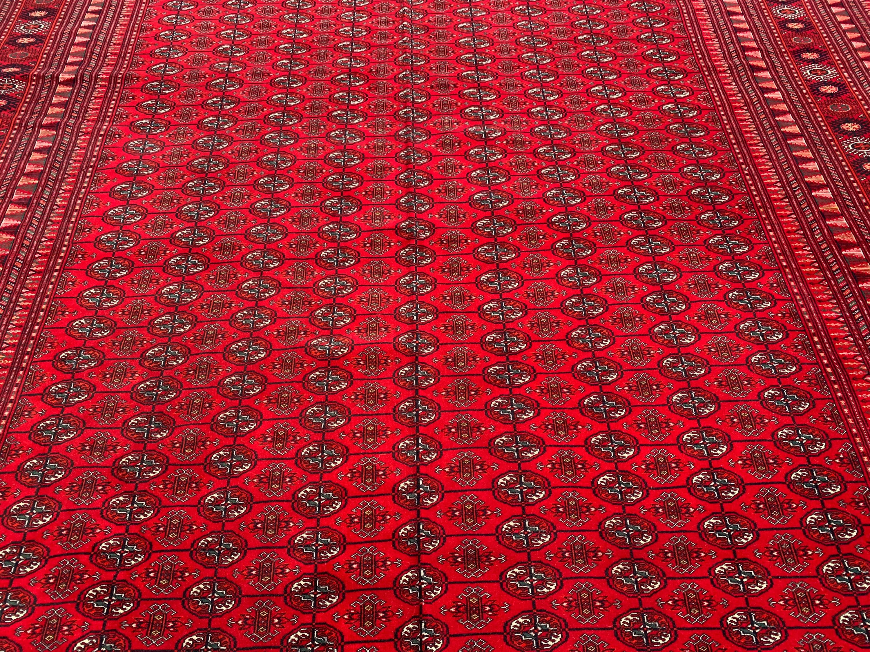 Top Quality Mawrai Gul Handmade Rug – 12.5x9.6 ft Wool & Silk |Tribal Turkmen Design | Red Oriental Carpet | Elegant Home Decor, Living Room