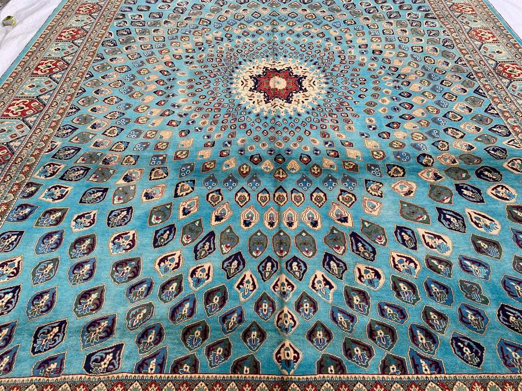 Handmade Parak Beljik Rug – 10x13.4 ft | Large Afghan Wool Carpet | Blue, & Black Traditional Rug | Living Room or Dining Area Decor