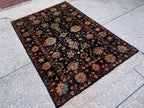 4x6ft, Afghan Chobi Rug – Hand-Knotted Black Floral Wool Area Rug–Vintage Style Oriental Carpet – Traditional Handmade Afghan Rug 187x123 cm