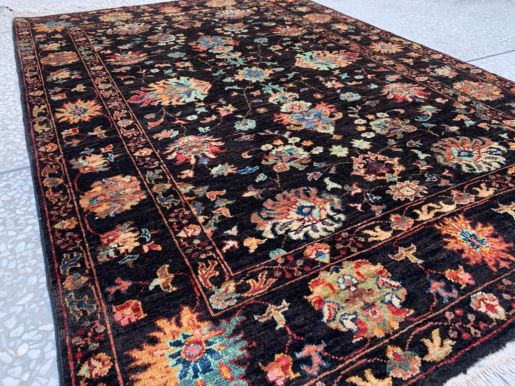 4x6ft, Afghan Chobi Rug – Hand-Knotted Black Floral Wool Area Rug–Vintage Style Oriental Carpet – Traditional Handmade Afghan Rug 187x123 cm