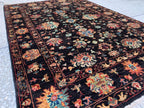 4x6ft, Afghan Chobi Rug – Hand-Knotted Black Floral Wool Area Rug–Vintage Style Oriental Carpet – Traditional Handmade Afghan Rug 187x123 cm