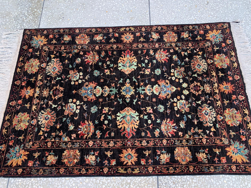 4x6ft, Afghan Chobi Rug – Hand-Knotted Black Floral Wool Area Rug–Vintage Style Oriental Carpet – Traditional Handmade Afghan Rug 187x123 cm