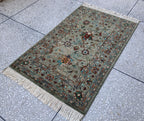 Afghan Chobi Rug 5.2x3.3 ft –Hand-Knotted Green Floral Wool Area Rug–Vintage Style Oriental Carpet–Traditional Handmade Afghan Rug 155x99 cm