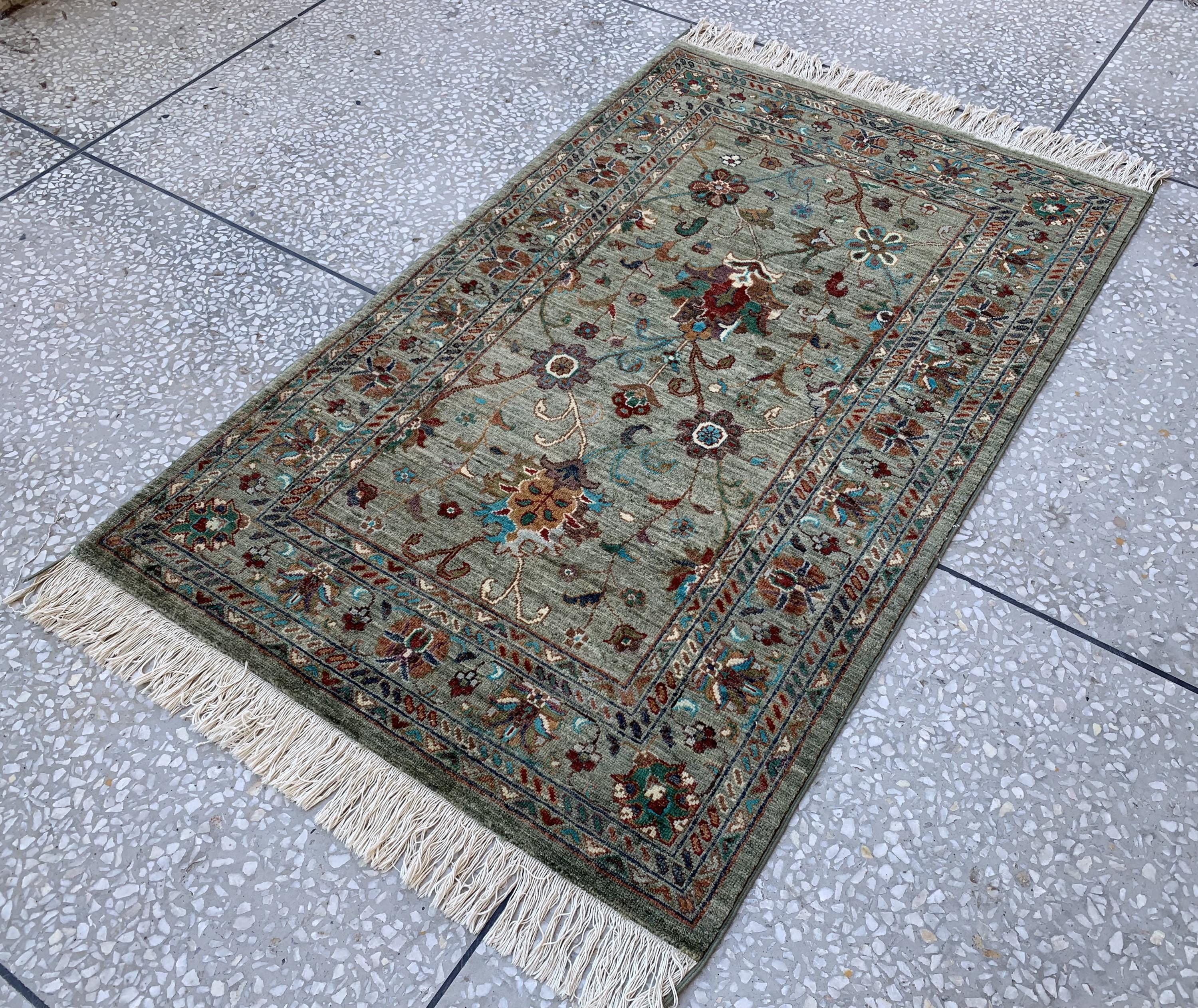 Afghan Chobi Rug 5.2x3.3 ft –Hand-Knotted Green Floral Wool Area Rug–Vintage Style Oriental Carpet–Traditional Handmade Afghan Rug 155x99 cm