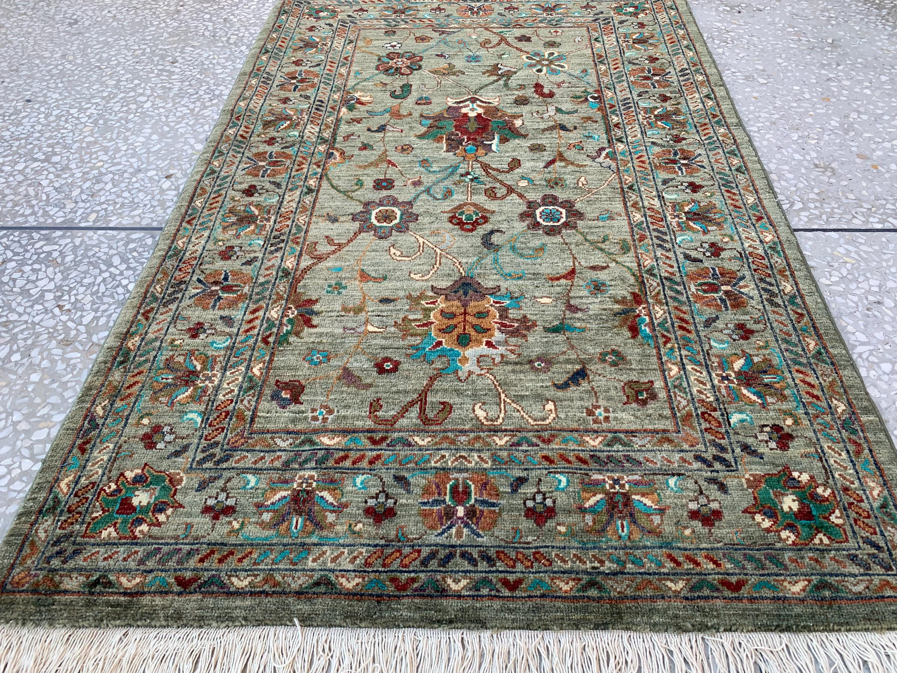 Afghan Chobi Rug 5.2x3.3 ft –Hand-Knotted Green Floral Wool Area Rug–Vintage Style Oriental Carpet–Traditional Handmade Afghan Rug 155x99 cm