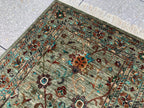 Afghan Chobi Rug 5.2x3.3 ft –Hand-Knotted Green Floral Wool Area Rug–Vintage Style Oriental Carpet–Traditional Handmade Afghan Rug 155x99 cm
