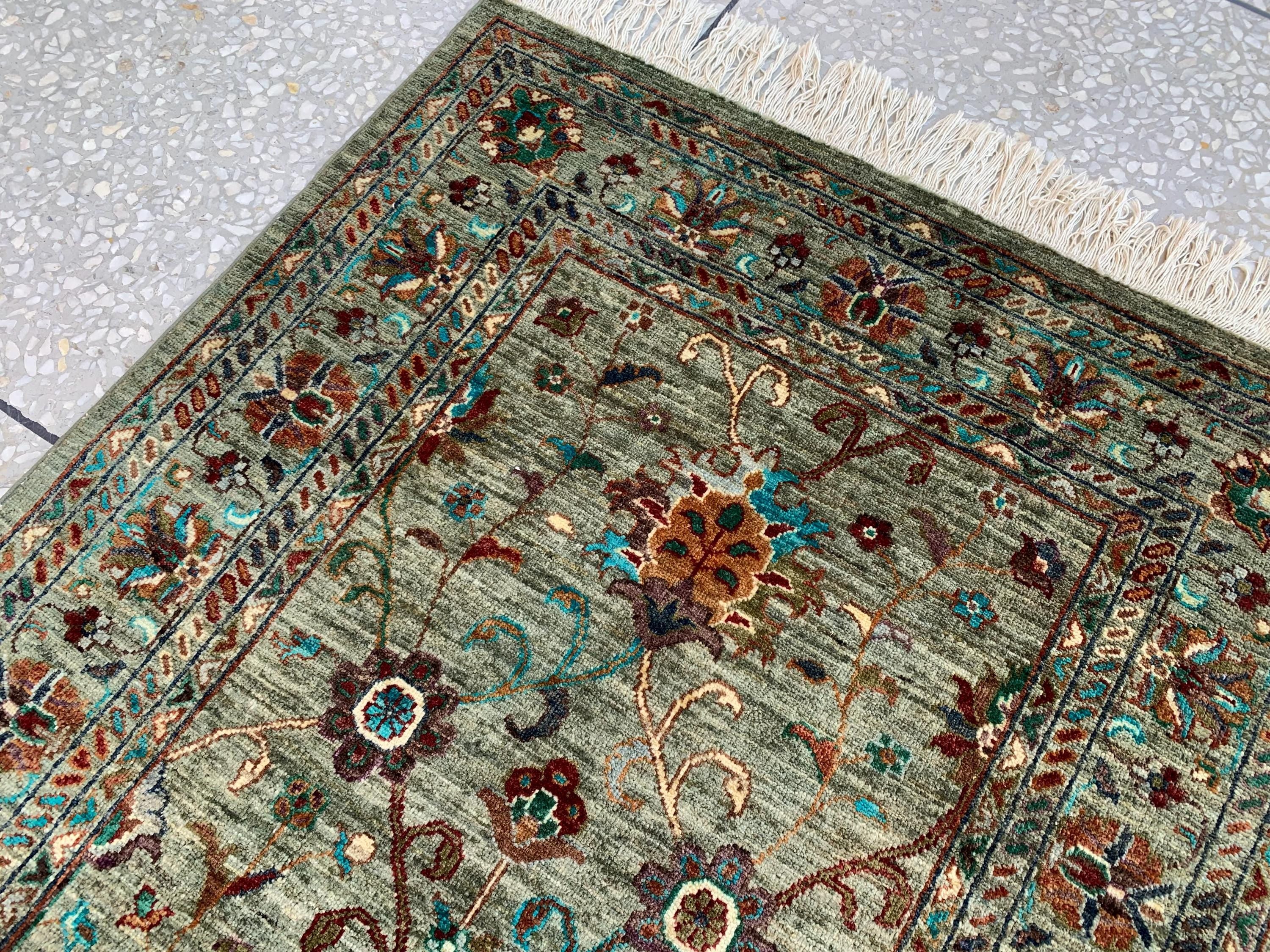 Afghan Chobi Rug 5.2x3.3 ft –Hand-Knotted Green Floral Wool Area Rug–Vintage Style Oriental Carpet–Traditional Handmade Afghan Rug 155x99 cm