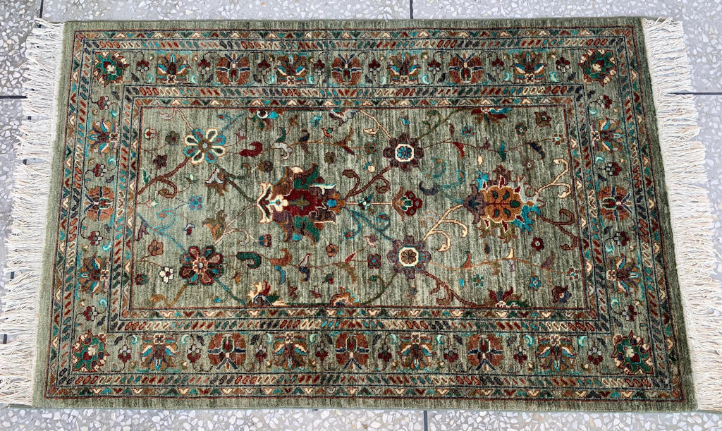 Afghan Chobi Rug 5.2x3.3 ft –Hand-Knotted Green Floral Wool Area Rug–Vintage Style Oriental Carpet–Traditional Handmade Afghan Rug 155x99 cm