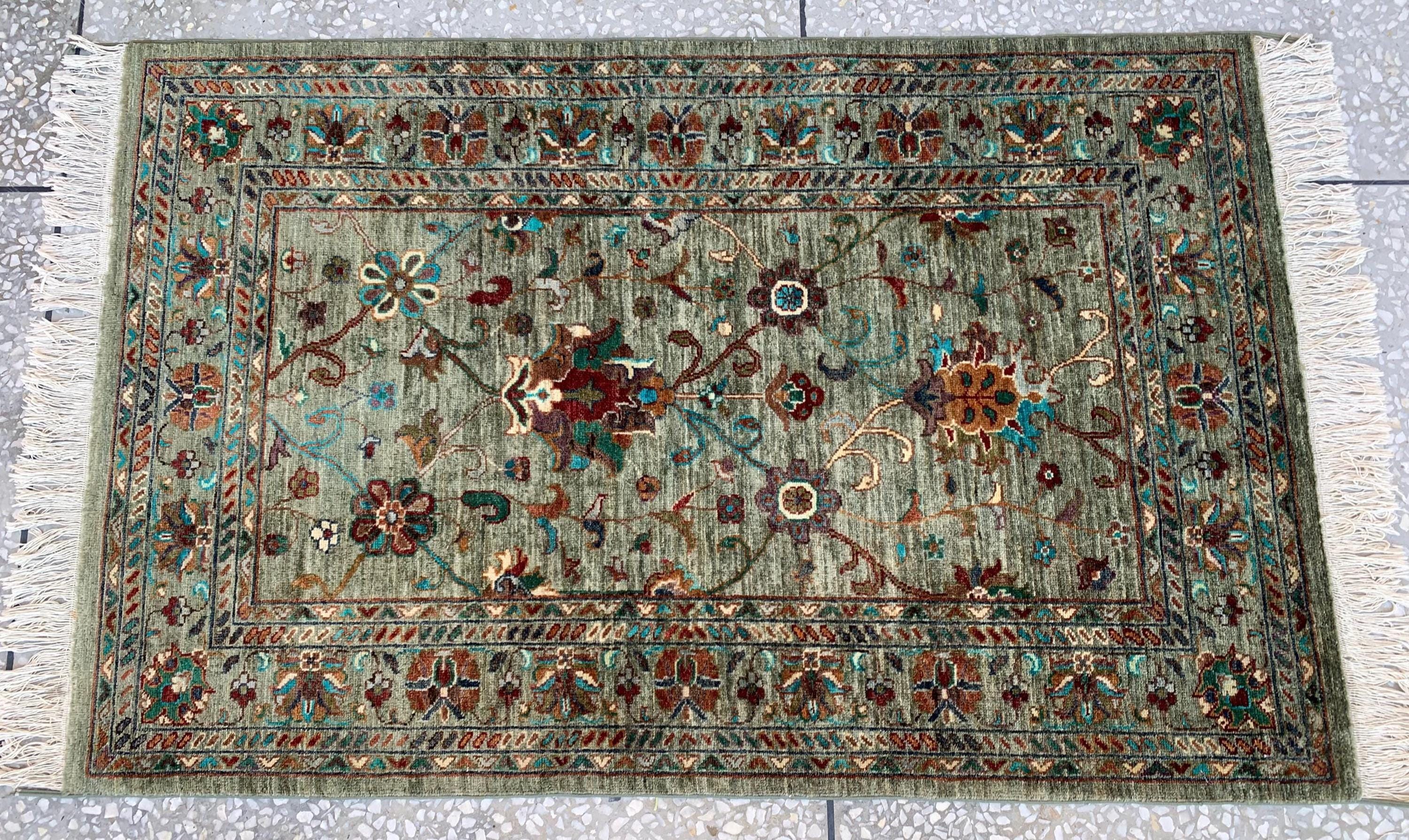 Afghan Chobi Rug 5.2x3.3 ft –Hand-Knotted Green Floral Wool Area Rug–Vintage Style Oriental Carpet–Traditional Handmade Afghan Rug 155x99 cm