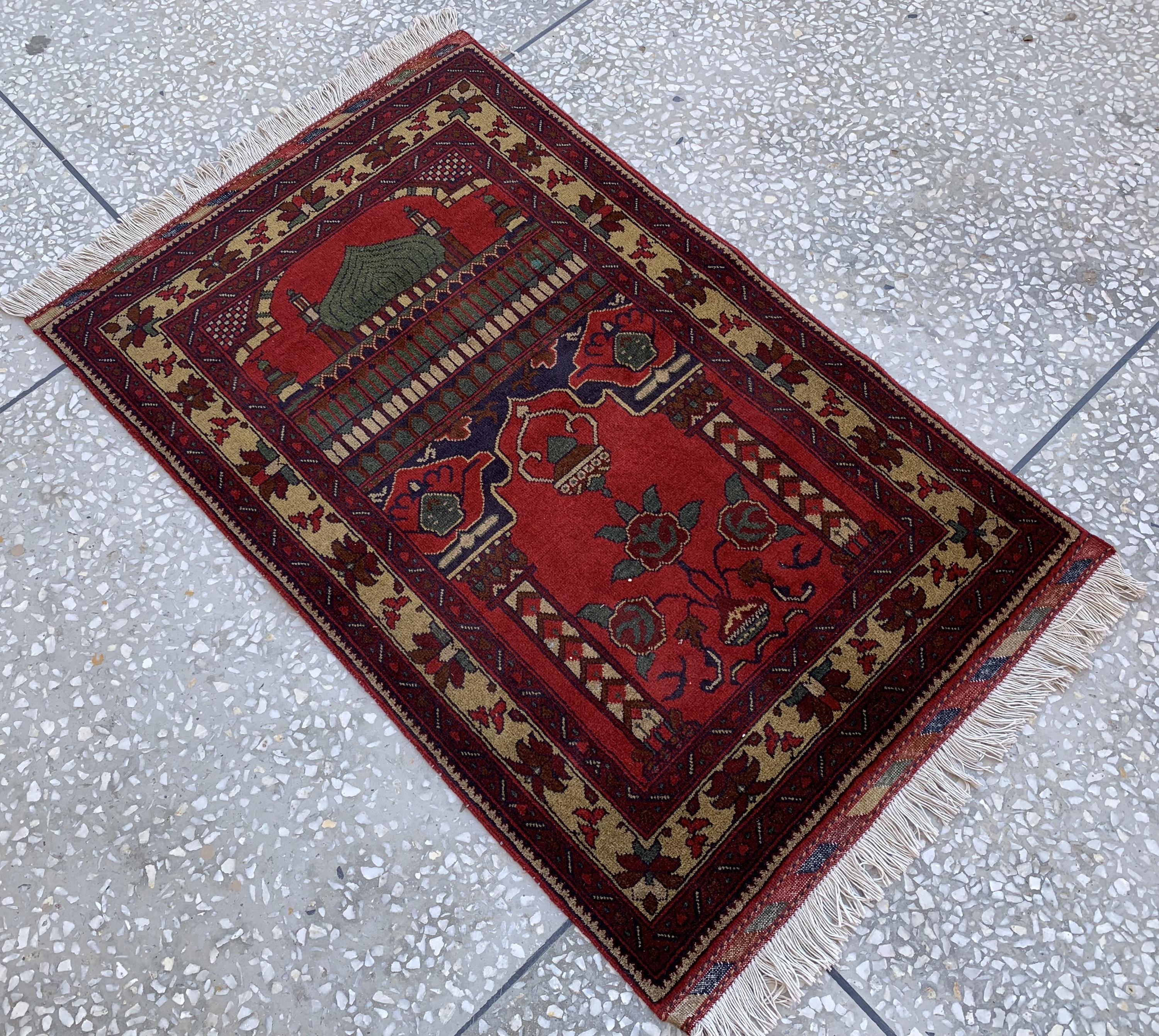 Handmade Turkmen Prayer Rug 4.3x2.8 ft – Small Wool Islamic Prayer Mat – Tribal Afghan Carpet – Muslim Namaz Rug – Vintage Style Decor