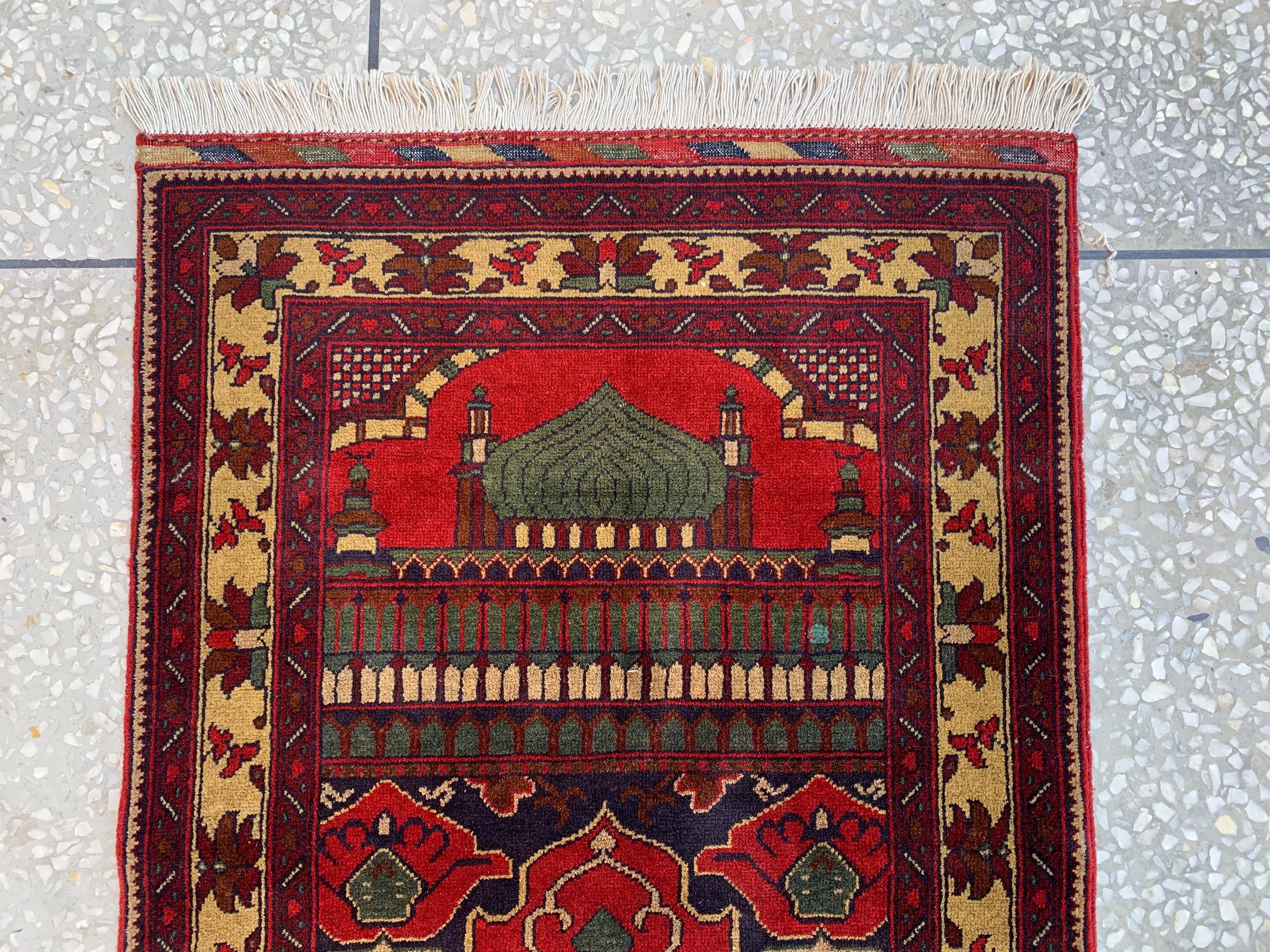 Handmade Turkmen Prayer Rug 4.3x2.8 ft – Small Wool Islamic Prayer Mat – Tribal Afghan Carpet – Muslim Namaz Rug – Vintage Style Decor