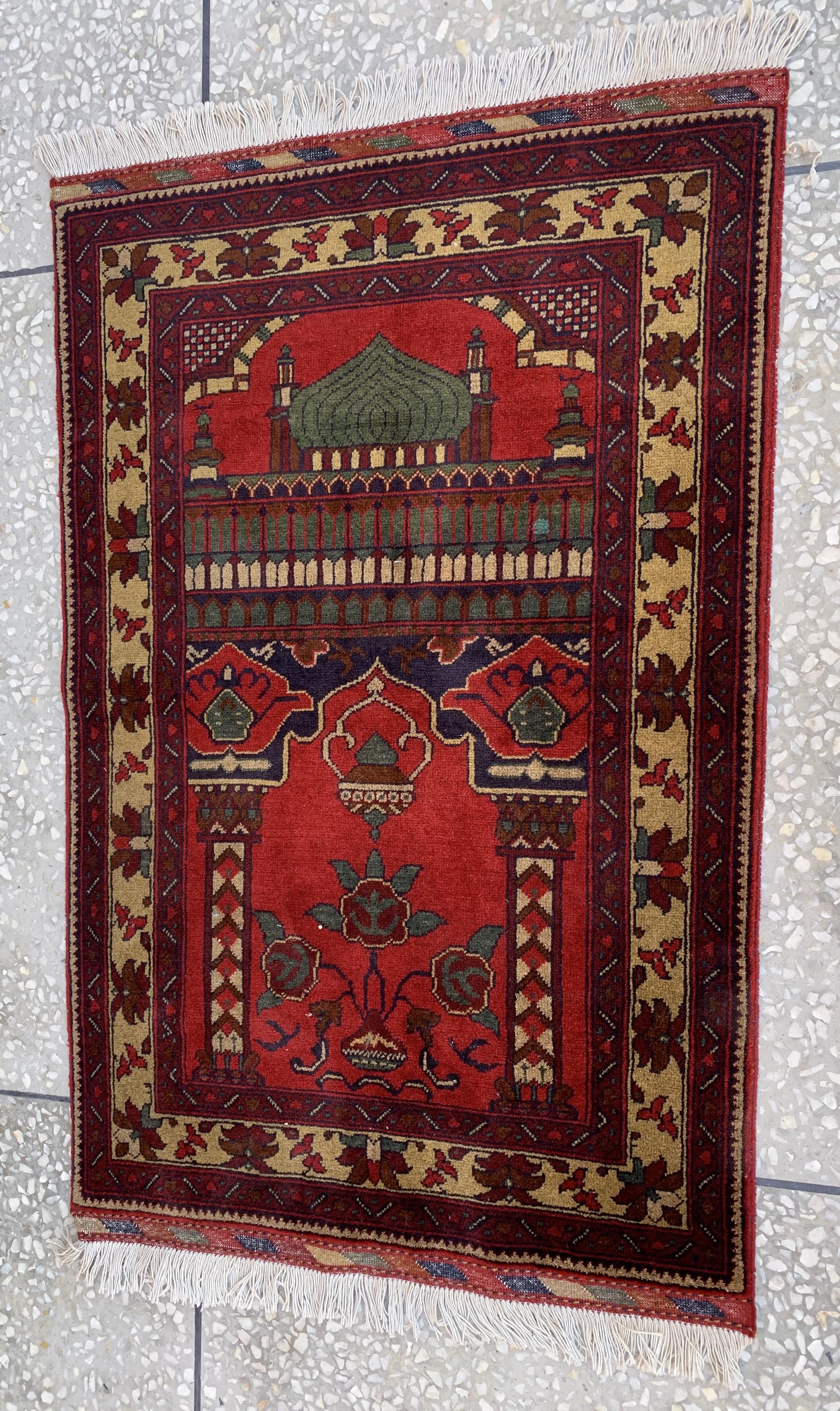 Handmade Turkmen Prayer Rug 4.3x2.8 ft – Small Wool Islamic Prayer Mat – Tribal Afghan Carpet – Muslim Namaz Rug – Vintage Style Decor
