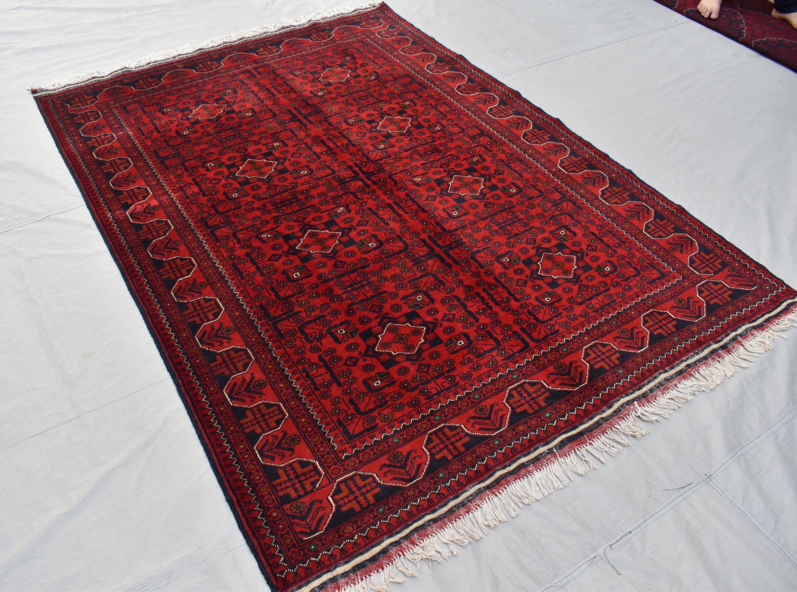 5x7 Afghan Bukhara Rug – Hand-Knotted Wool Pile Carpet – Red Oriental Area Rug–Traditional Afghan Decor – Vintage Style Floor Rug 200x147 cm