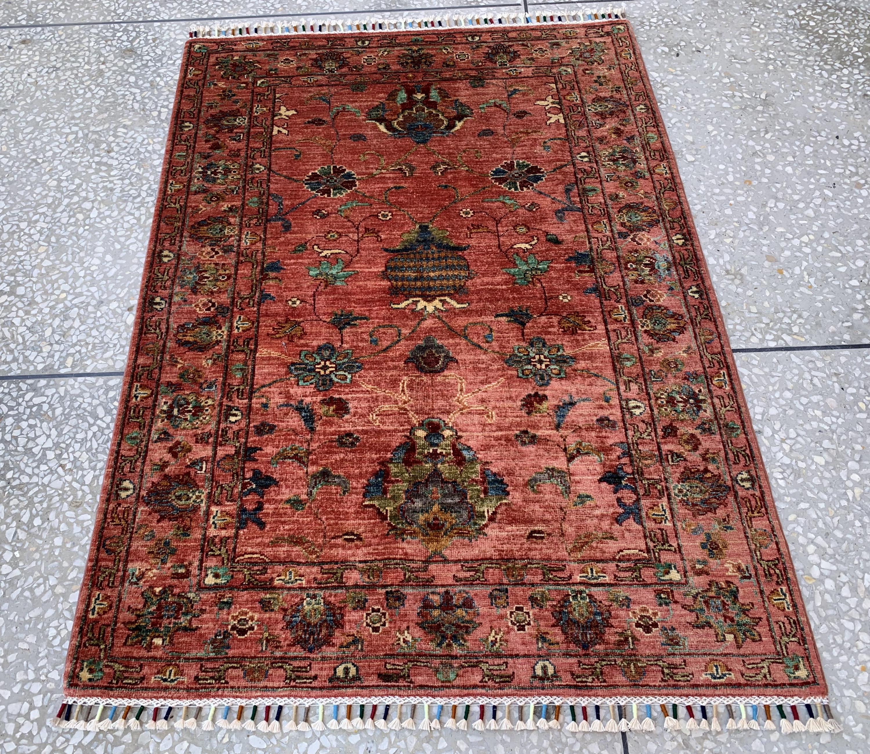 Afghan Chobi Rug 3.6x4.11 ft – Hand-Knotted Wool Terracotta Floral Area Rug – Oriental Accent Carpet –Traditional Handmade Afghan Rug, 3x5ft