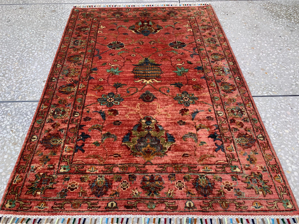 Afghan Chobi Rug 3.6x4.11 ft – Hand-Knotted Wool Terracotta Floral Area Rug – Oriental Accent Carpet –Traditional Handmade Afghan Rug, 3x5ft