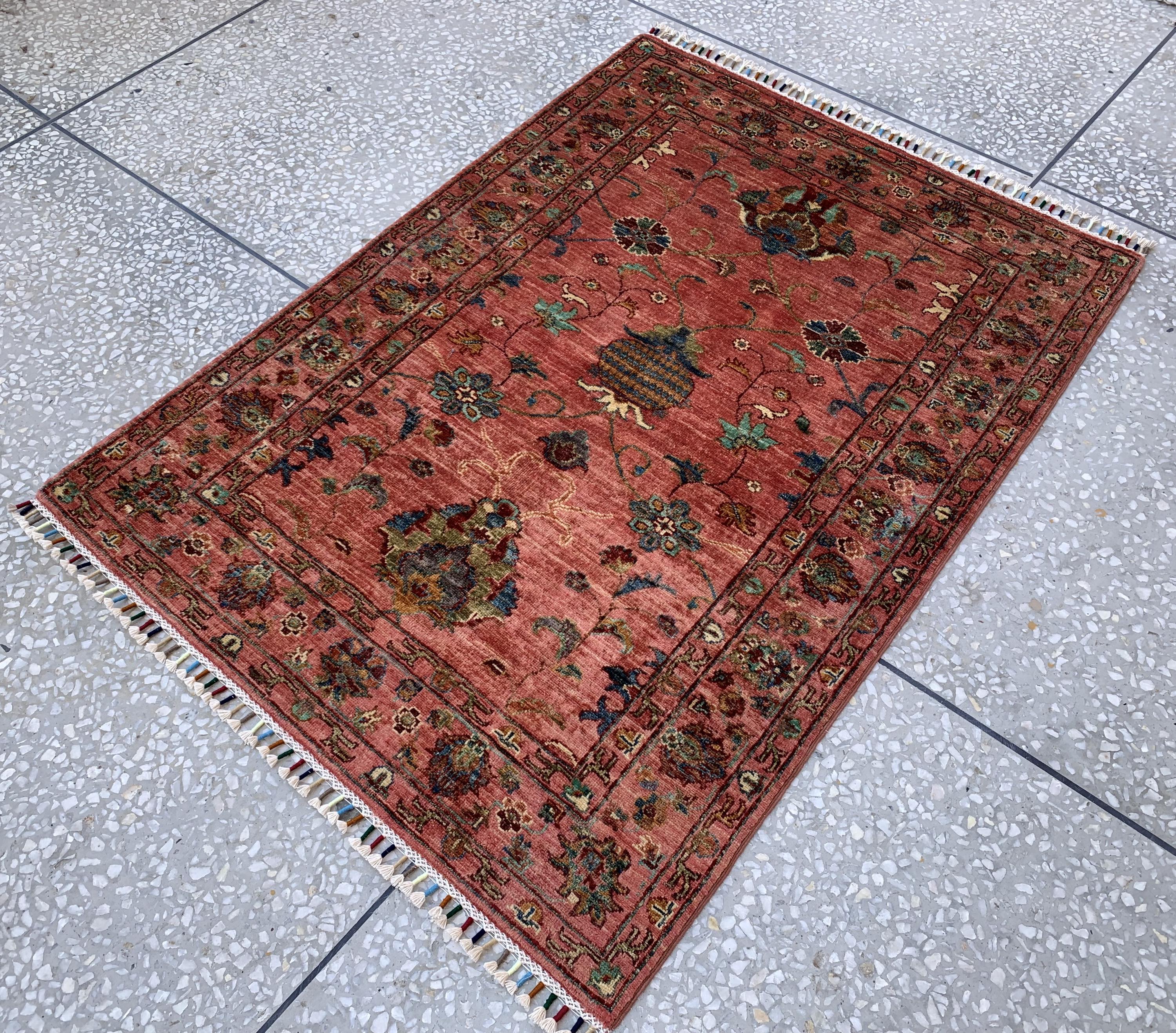 Afghan Chobi Rug 3.6x4.11 ft – Hand-Knotted Wool Terracotta Floral Area Rug – Oriental Accent Carpet –Traditional Handmade Afghan Rug, 3x5ft