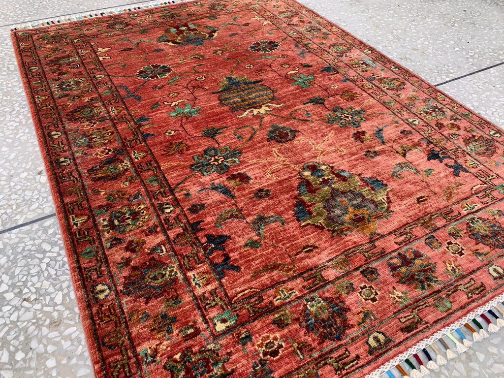 Afghan Chobi Rug 3.6x4.11 ft – Hand-Knotted Wool Terracotta Floral Area Rug – Oriental Accent Carpet –Traditional Handmade Afghan Rug, 3x5ft