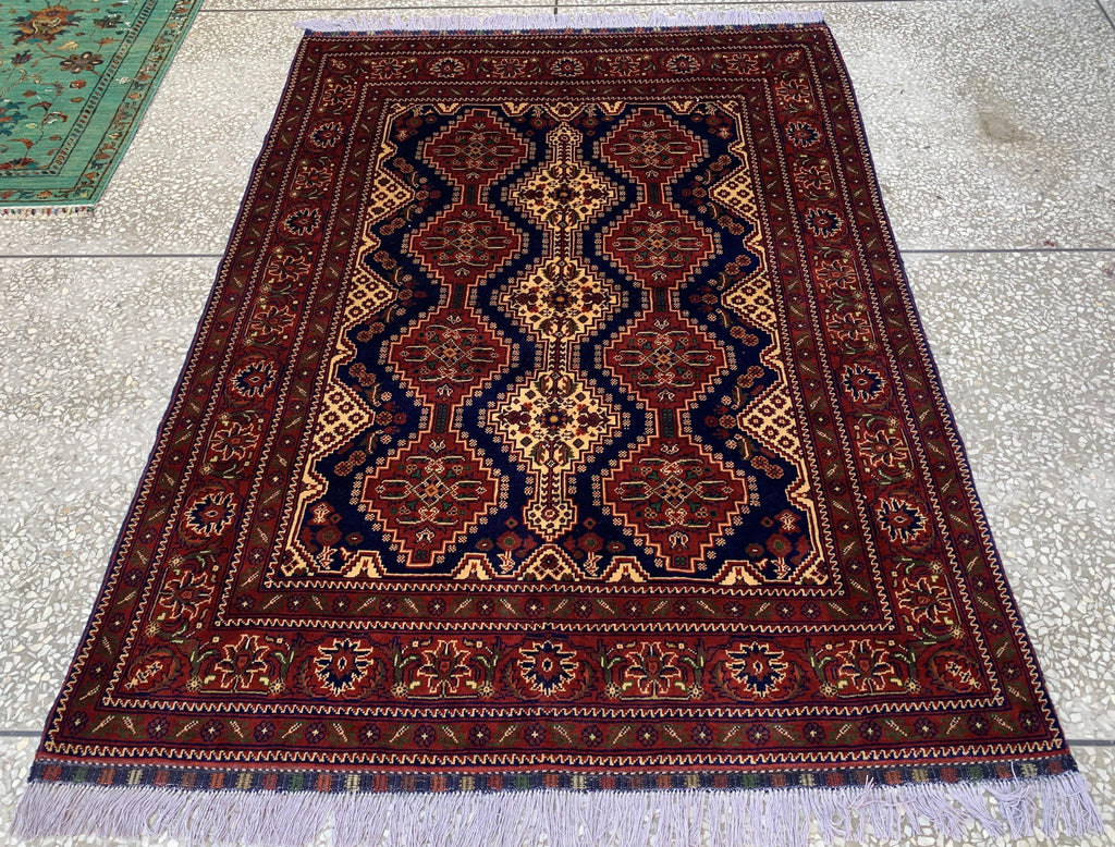 5x7ft, Handmade Afghan Tribal Rug–Navy Blue & Red Wool Area Rug –Geometric Oriental Carpet–Traditional Living Room or Office Decor 200x150cm