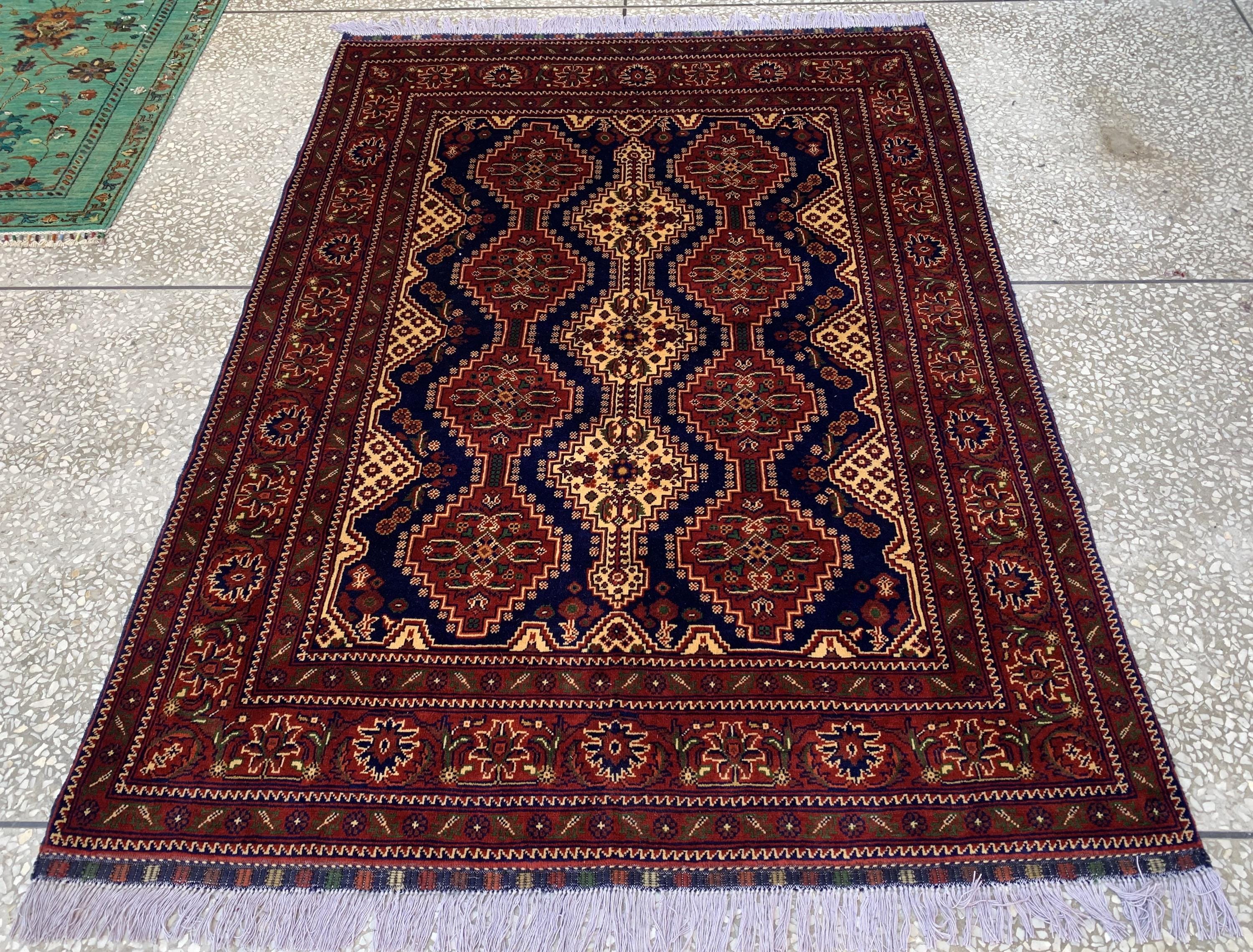 5x7ft, Handmade Afghan Tribal Rug–Navy Blue & Red Wool Area Rug –Geometric Oriental Carpet–Traditional Living Room or Office Decor 200x150cm