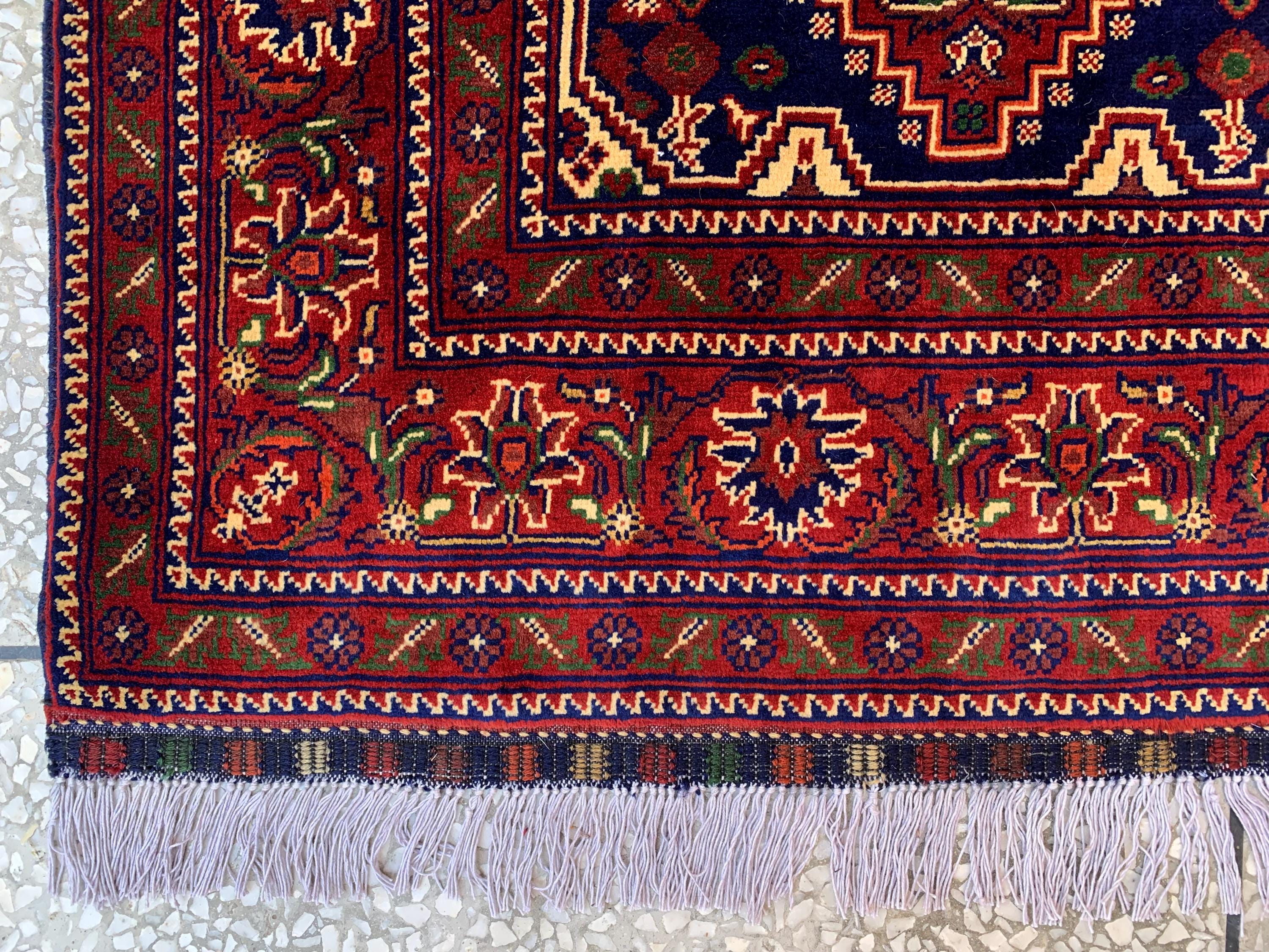 5x7ft, Handmade Afghan Tribal Rug–Navy Blue & Red Wool Area Rug –Geometric Oriental Carpet–Traditional Living Room or Office Decor 200x150cm