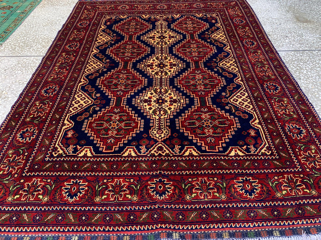 5x7ft, Handmade Afghan Tribal Rug–Navy Blue & Red Wool Area Rug –Geometric Oriental Carpet–Traditional Living Room or Office Decor 200x150cm