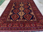 5x7ft, Handmade Afghan Tribal Rug–Navy Blue & Red Wool Area Rug –Geometric Oriental Carpet–Traditional Living Room or Office Decor 200x150cm