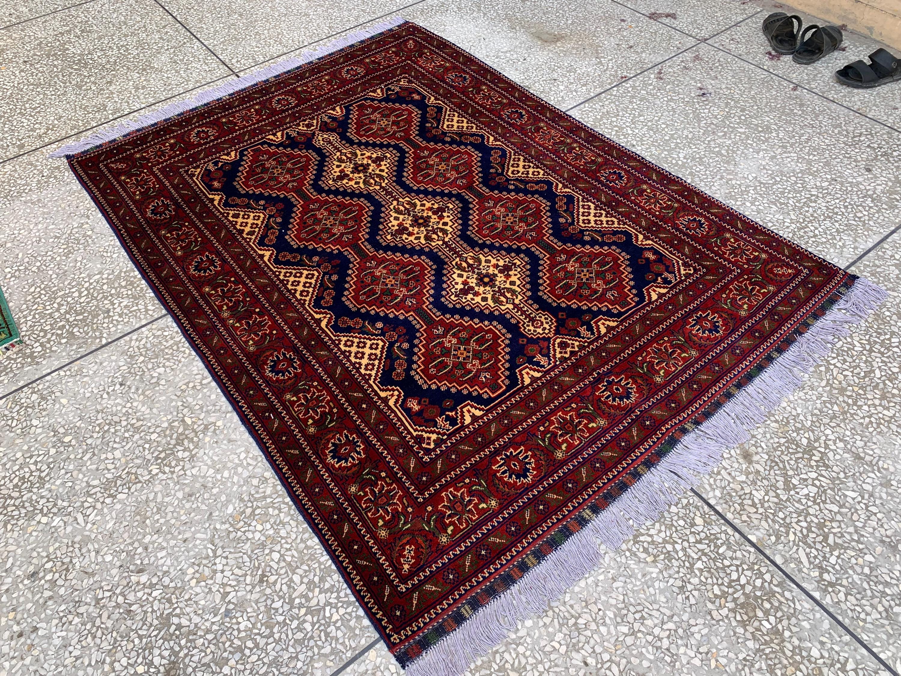5x7ft, Handmade Afghan Tribal Rug–Navy Blue & Red Wool Area Rug –Geometric Oriental Carpet–Traditional Living Room or Office Decor 200x150cm