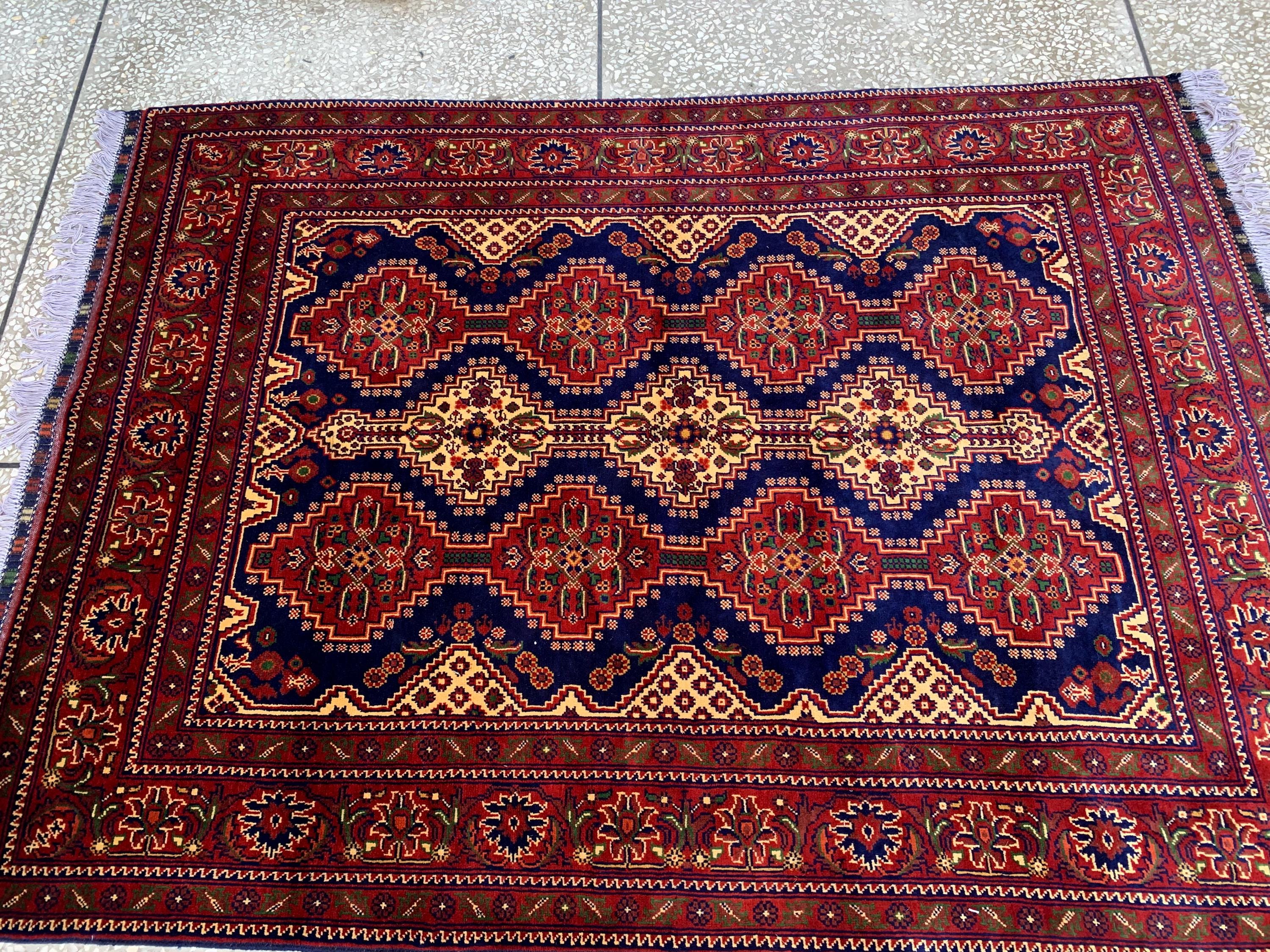 5x7ft, Handmade Afghan Tribal Rug–Navy Blue & Red Wool Area Rug –Geometric Oriental Carpet–Traditional Living Room or Office Decor 200x150cm