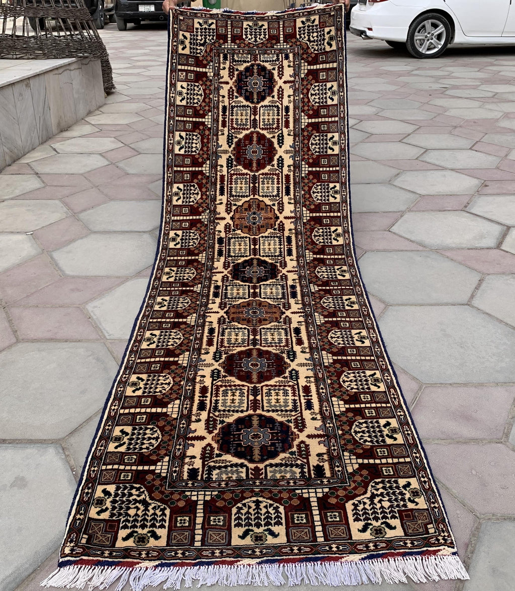 3x10 Afghan Turkmen Runner– Gandum Naksha High Pile Wool Rug –Handmade Hallway Carpet –Tribal Long Runner – Best Quality Afghan Rug 296x87cm