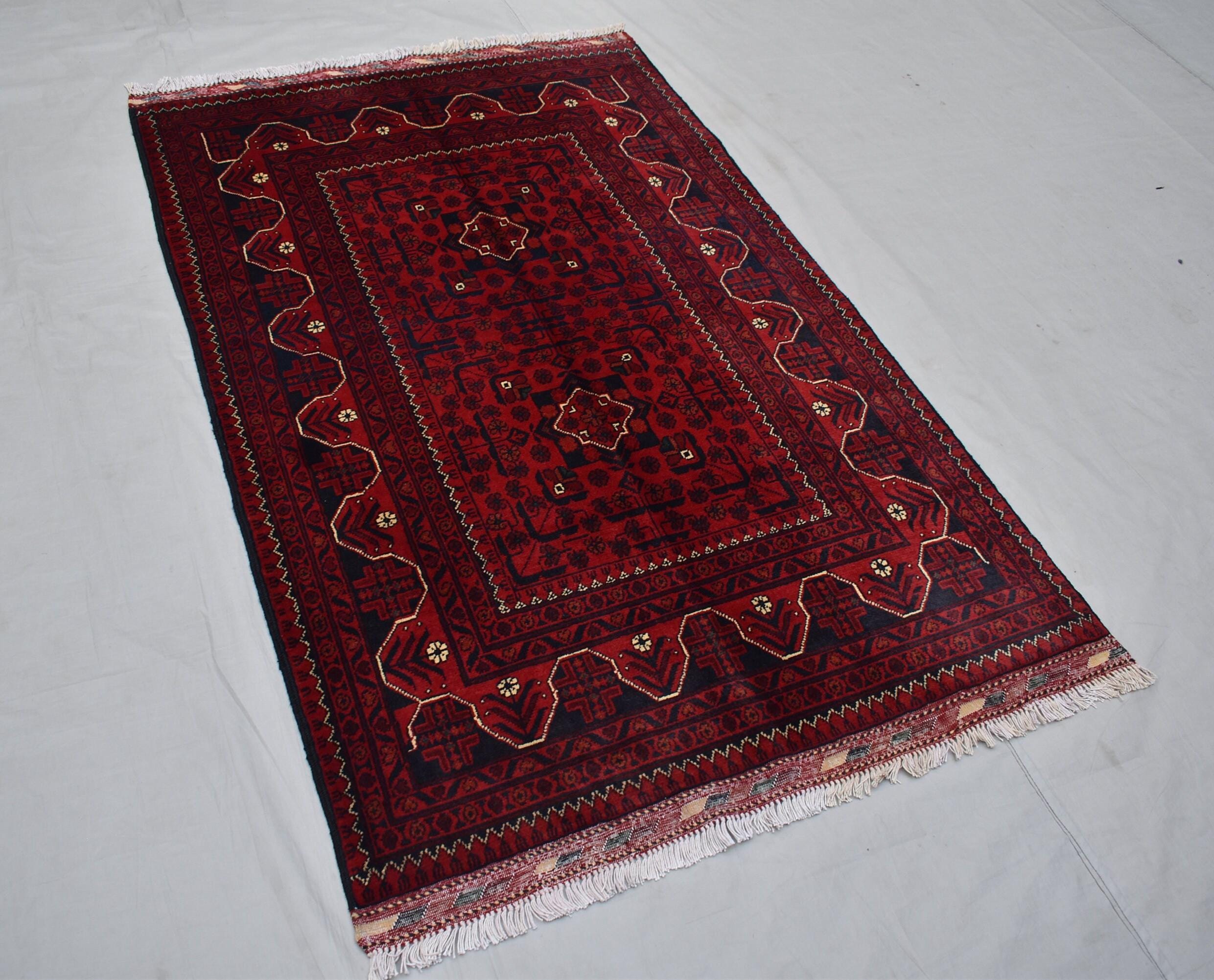 3x5 Afghan Bukhara Rug – Turkmen Hand-Knotted Wool Tribal Area Rug – Red Oriental Afghan Carpet – Traditional Vintage Style Decor 157x99cm