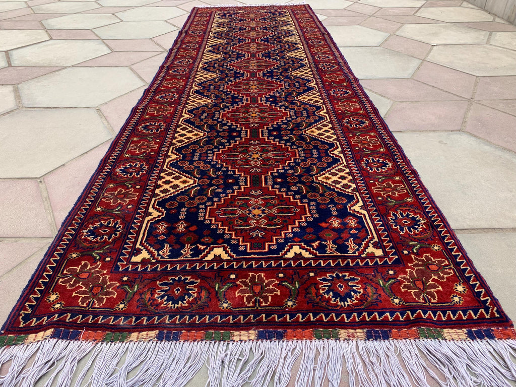 3x10ft, Afghan Turkmen Runner – Yousafi Naksha High Pile Wool Rug – Handmade Hallway Carpet – Tribal Long Runner – Best Quality Afghan Rug